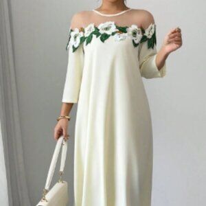 Elenzga Women's Floral Applique Decor Mesh Patchwork Long Dress - Floral